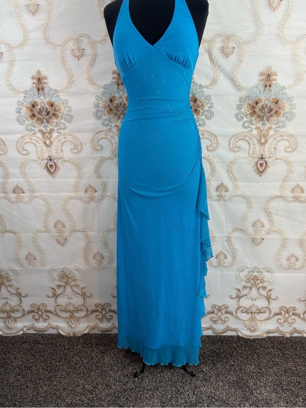 ✨Vintage Y2K Aqua Shimmer Ruched Halter Mermaid Maxi Dress✨ - Picture 5 of 7